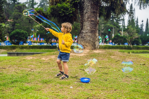 Il ragazzino sveglio sta giocando con le grandi bolle all'aperto