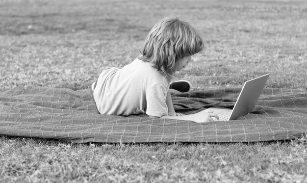 Il ragazzino usa il moderno laptop wireless sul blog della scuola di erba del parco