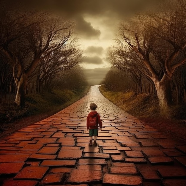 Il ragazzo cammina da solo sulla misteriosa strada di mattoni rosso scuro