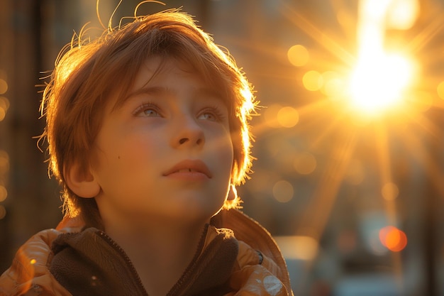 Il ragazzo carino è in piedi e guarda qualcosa sotto la luce del sole