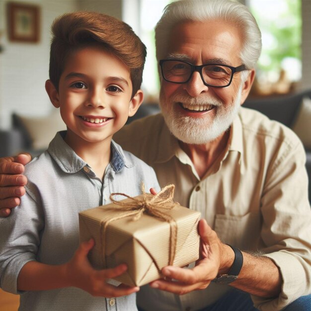 Il ragazzo dà un regalo al nonno e sorridono felici.