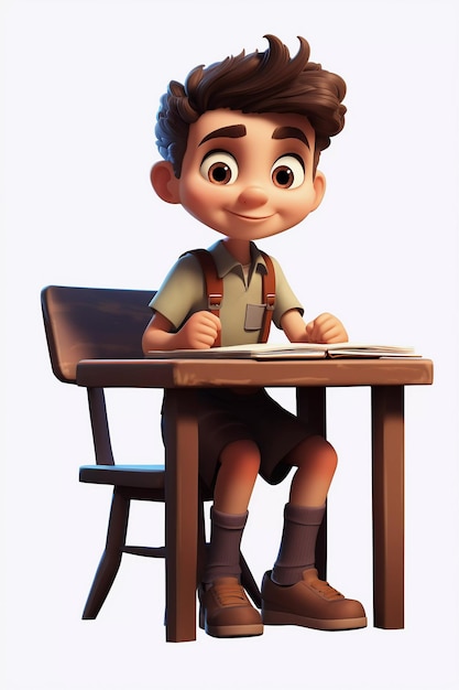 Il ragazzo dei cartoni animati è seduto a una scrivania scolastica