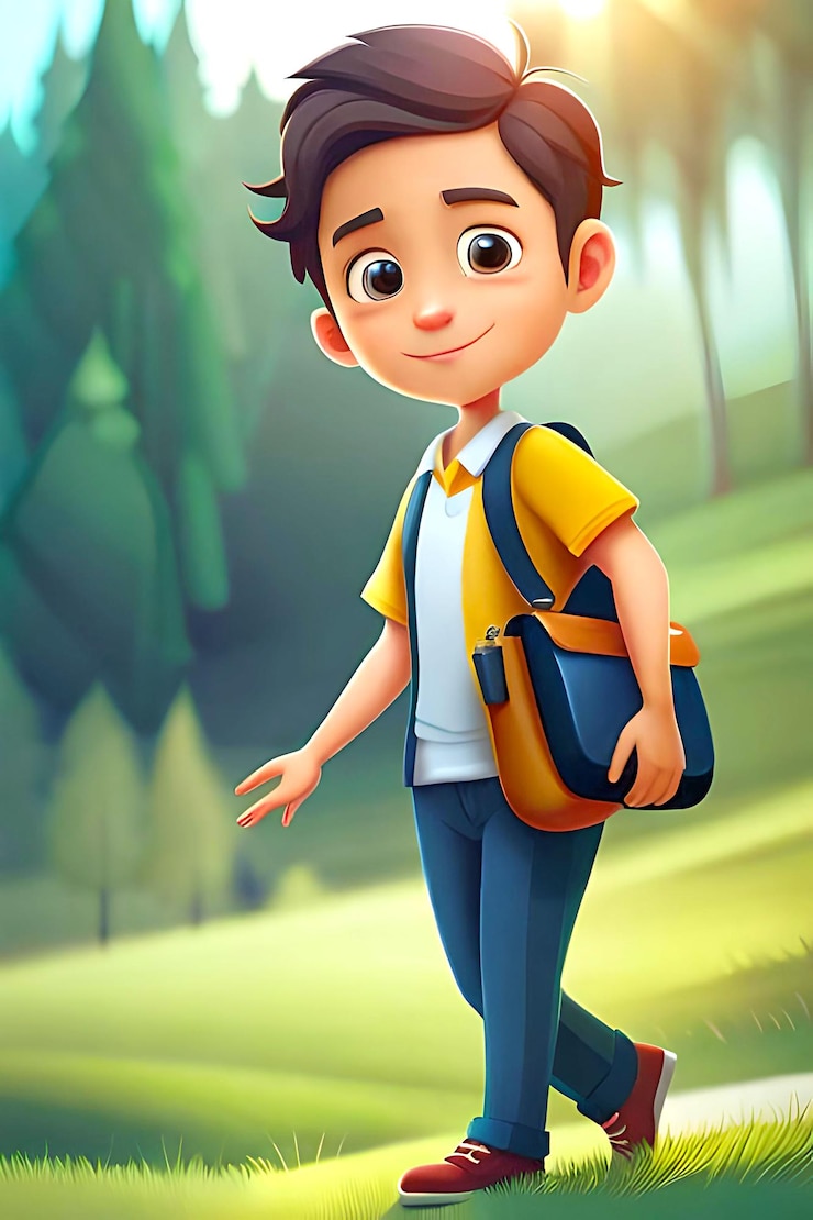 Il ragazzo dei cartoni animati va a scuola indossando una borsa sulla spalla