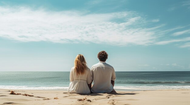 Il ragazzo e la ragazza sono seduti sulla sabbia sulla spiaggia in una giornata di sole