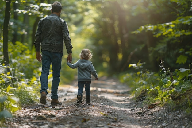 Il ragazzo e suo padre stanno camminando nella foresta estiva.