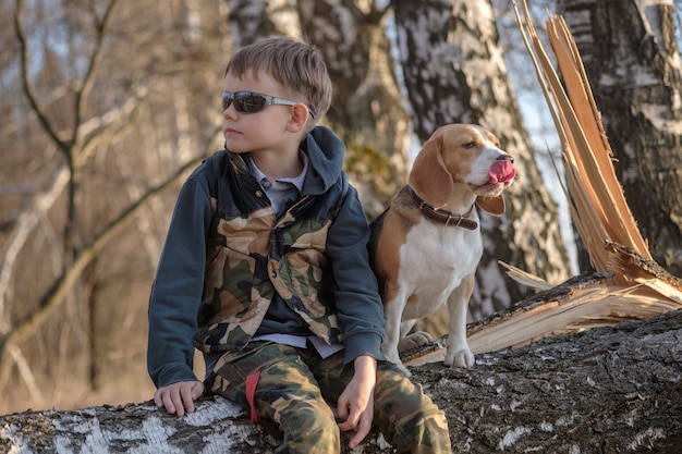 Il ragazzo europeo e il cane Beagle si siedono su un albero nella foresta mentre si cammina la sera