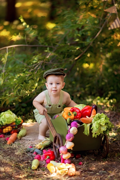 Il ragazzo felice prepara l'insalata di verdure in natura