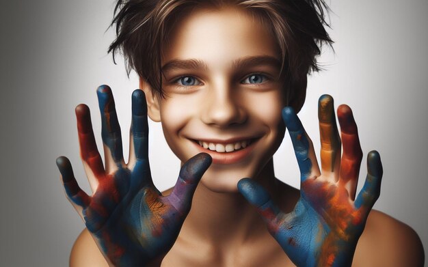 Il ragazzo gioca la mano colorata con uno sfondo bianco