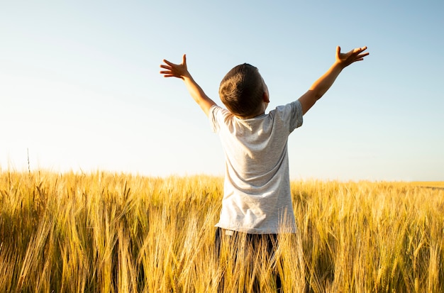 Il ragazzo ha alzato le mani in mezzo al campo di grano