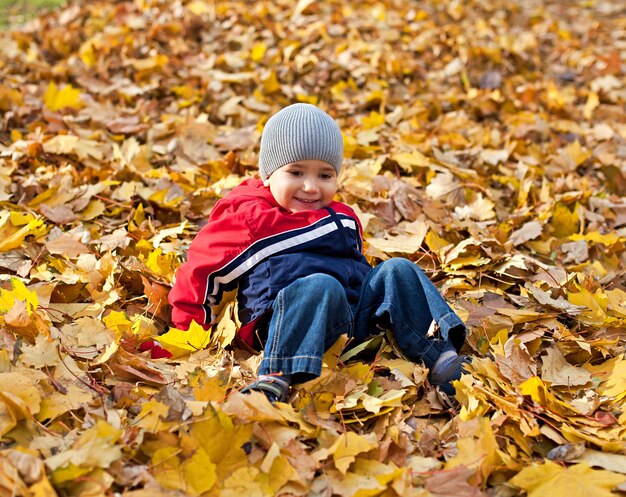 Il ragazzo ha giocato con le foglie d'autunno