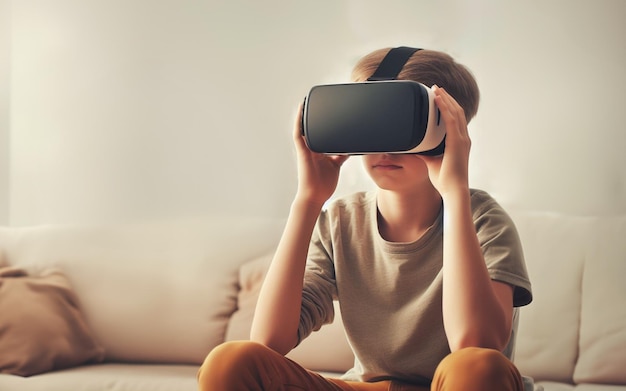 Il ragazzo indossa occhiali di realtà virtuale metaverse guarda video attraverso occhiali VR