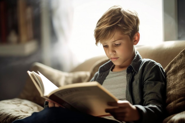Il ragazzo legge avidamente un libro nella sua stanza generata da Ai