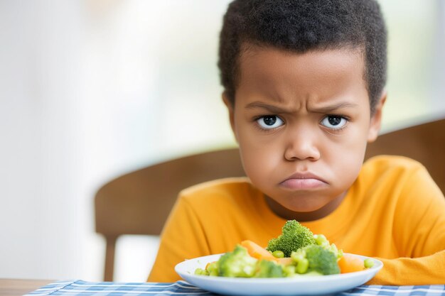 Il ragazzo nero infelice rifiuta l'insalata sana espressione di dispiacere