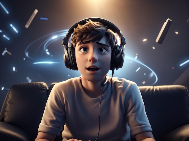 Il ragazzo scioccato gioca con il concetto di videogiochi ufo online di tecnologia e intrattenimento