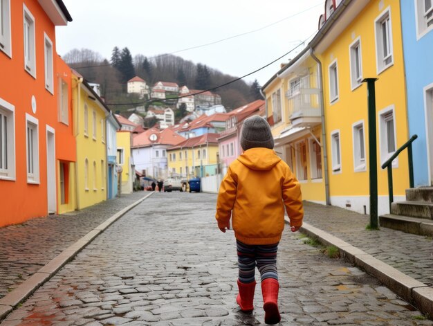 Il ragazzo si diverte a passeggiare per le vivaci strade della città.