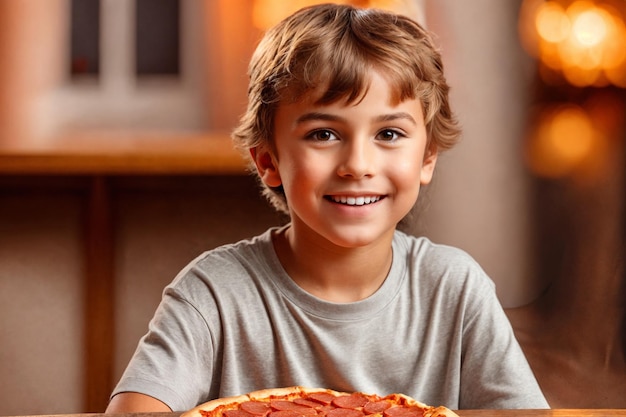 Il ragazzo sta mangiando pizza in un ristorante o in una pizzeria.