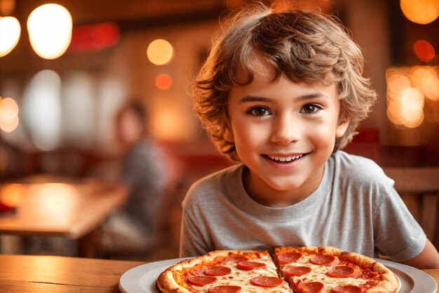 Il ragazzo sta mangiando pizza in un ristorante o in una pizzeria.