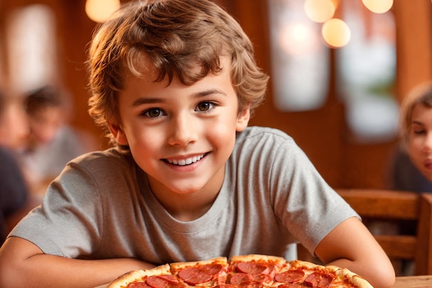 Il ragazzo sta mangiando pizza in un ristorante o in una pizzeria.