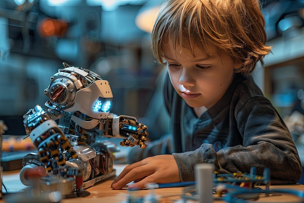 Il ragazzo sta testando le prestazioni dell'androide assemblato.