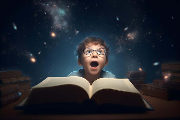 il ragazzo stupito guarda un libro con le parole "galaxy" su di esso