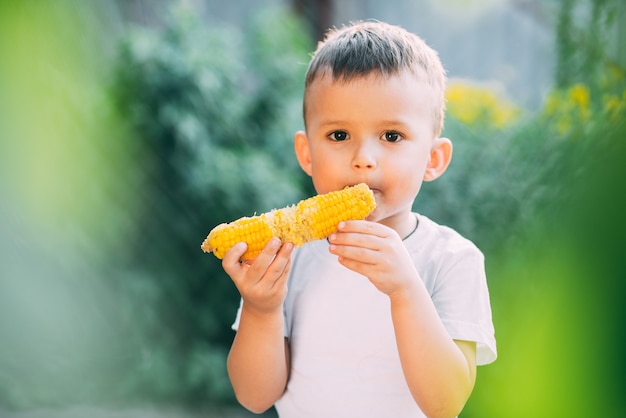 Il ragazzo sveglio in giardino o nel parco all'aperto che mangia mais bollito è molto appetitoso in estate