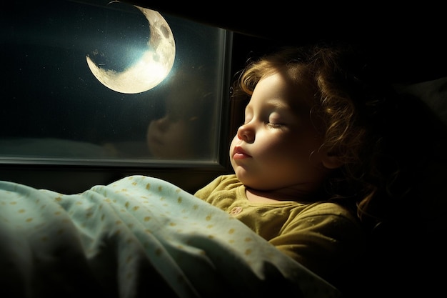 Il raggio di luna che splende attraverso una finestra su un bambino addormentato