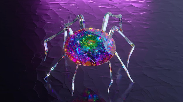 Il ragno con un corpo fatto di una pietra diamantata cammina su una superficie liscia a specchio Colore blu viola