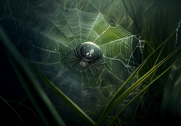 Il ragno si siede su una rete su uno sfondo verde