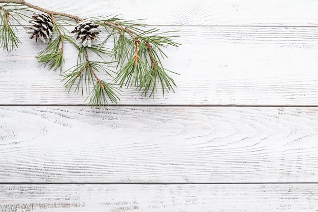 Il ramo di un albero di pino su fondo di legno bianco per le vacanze invernali progetta lo spazio piatto della copia