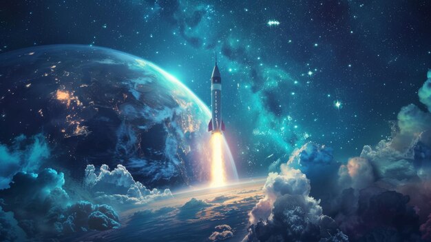 Il razzo spaziale che vola verso il pianeta 2022 con i numeri 2022 Creatività e innovazione