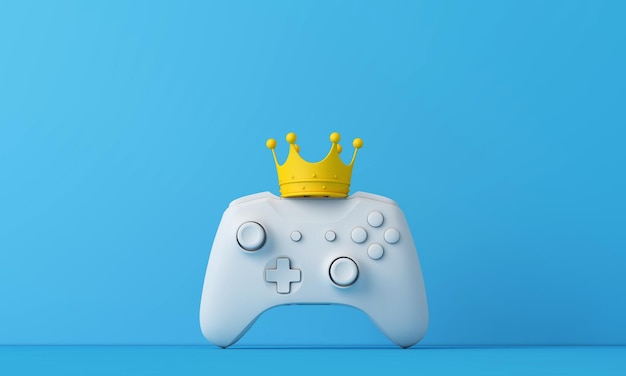 Il re dei videogiochi. Controller di gioco che indossa una corona. Concetto di giocatore vincente. Rendering 3D.