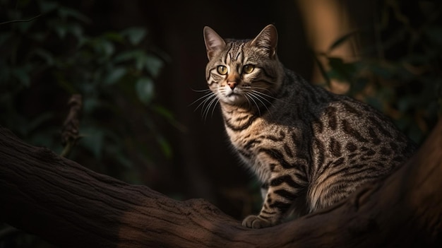 Il regale gatto Mau egiziano sale sull'albero Uno scorcio di maestosa esplorazione