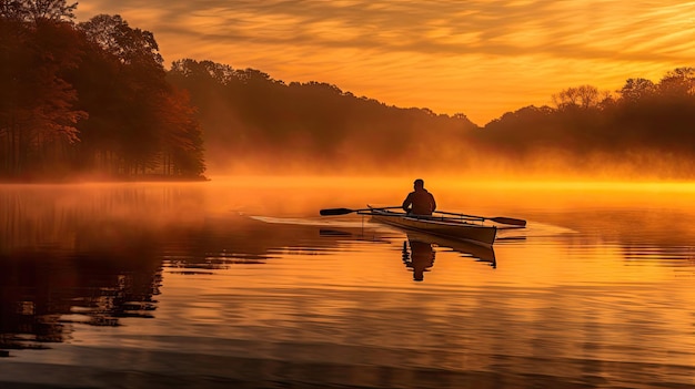 Il rematore scivola sul lago vetrato all'alba con la luce dorata