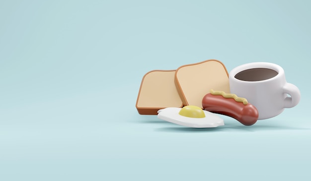 Il rendering 3D del set per la colazione americana include salsiccia di uova fritte con caffè caldo e pane tostato sullo sfondo. Illustrazione di rendering 3D.