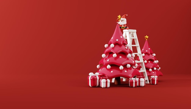 Il rendering 3D di Babbo Natale decora l'albero di Natale rosso circondato da decorazioni natalizie in scatola regalo