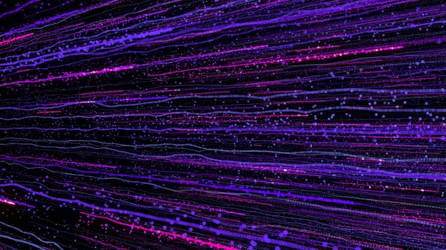 Il rendering 3D di particelle multicolori luminose riempie lo spazio di getti di energia e luce