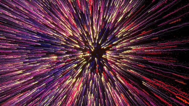 Il rendering 3D di particelle multicolori luminose riempie lo spazio di getti di energia e luce