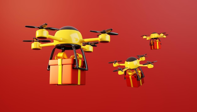 Il rendering 3D di scatole regalo volanti detenute da un drone Drone è uno strumento per la consegna di regali