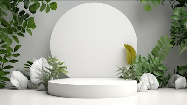 Il rendering 3D di un bellissimo podio bianco per lo sbiancamento dei prodotti per la cura della pelle mostra l'intelligenza artificiale generativa