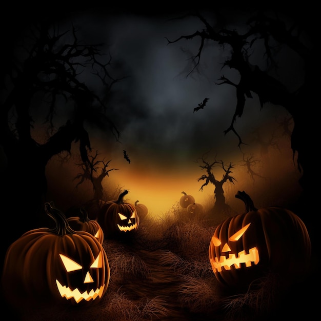 Il rendering 3D di una zucca di Halloween su sfondo bokeh luci