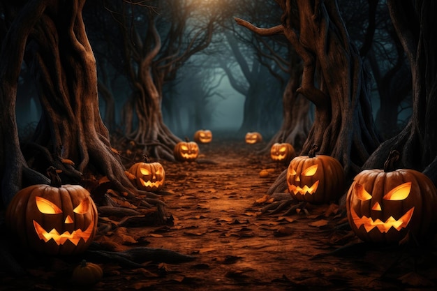 Il rendering 3D di una zucca di Halloween su sfondo bokeh luci