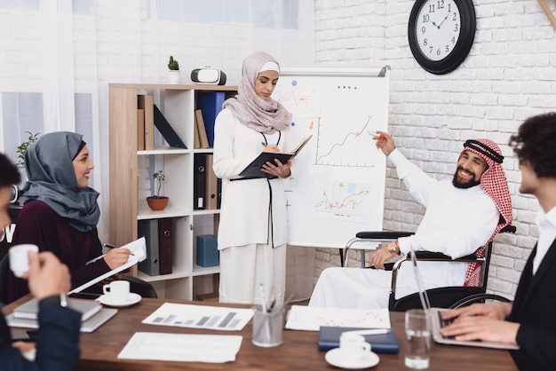 Il responsabile della donna araba prepara la presentazione in ufficio.