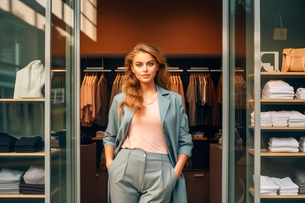Il responsabile delle vendite di una giovane donna elegantemente vestita si trova accanto a una boutique di moda
