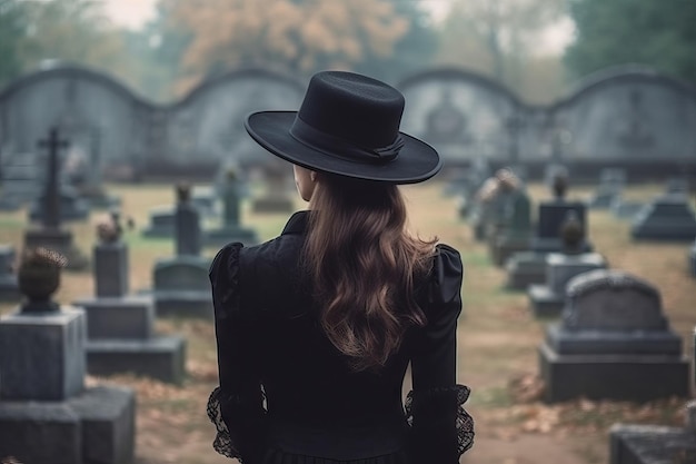 Il retro della donna indossa tutto in nero e cappello sul cimitero Vedova in lutto IA generativa