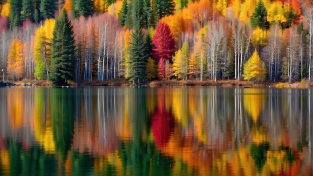 Il riflesso della foresta autunnale nelle acque calme del lago