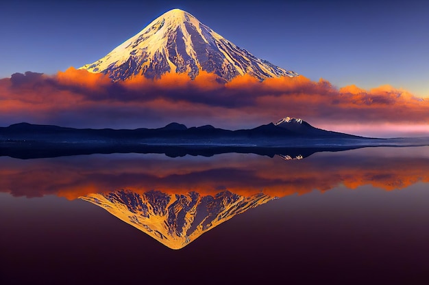 Il riflesso della montagna in un lago, rendering 3D.