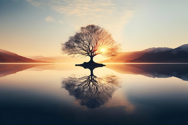 Il riflesso di un albero in un fiume calmo all'alba