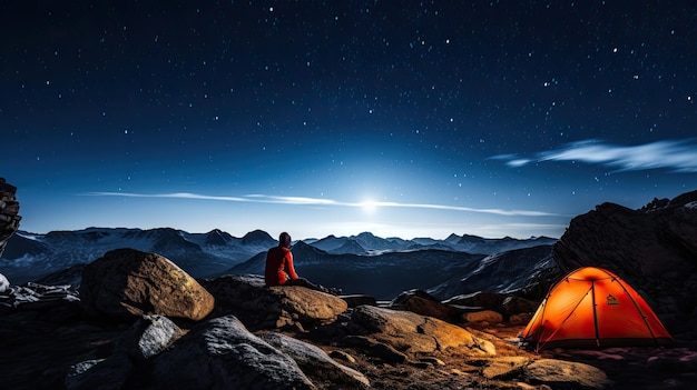 Il riflesso di un alpinista sotto il cielo stellato