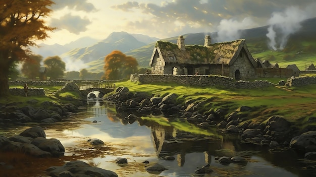 Il riflesso di un antico villaggio celtico sullo sfondo