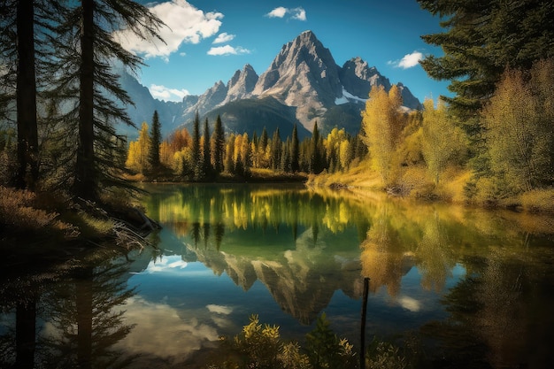 Il riflesso sereno delle montagne dei Grand Tetons riflesso in un lago generativo IA